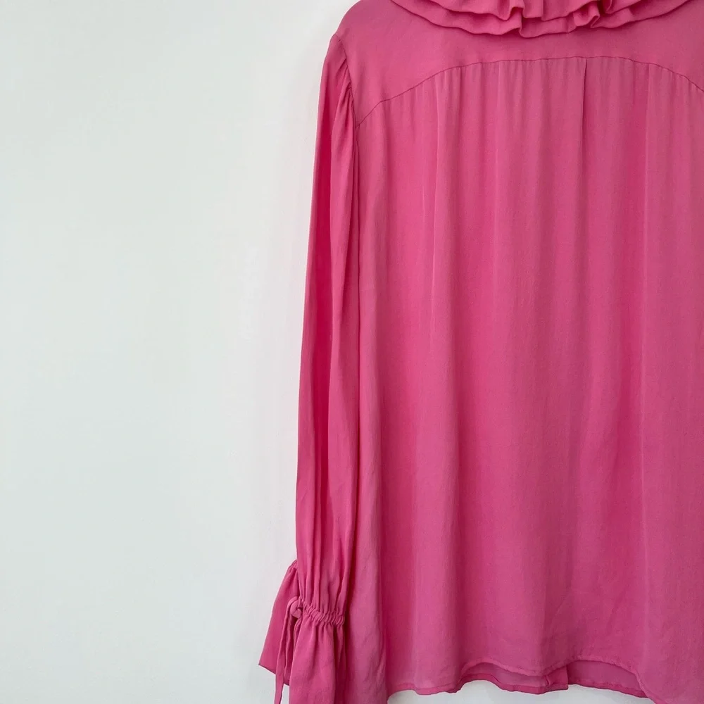 Etro Pink 100% Silk Ruffled Neckline Oversized Button Up Tie Blouse UK L - Picture 12 of 15